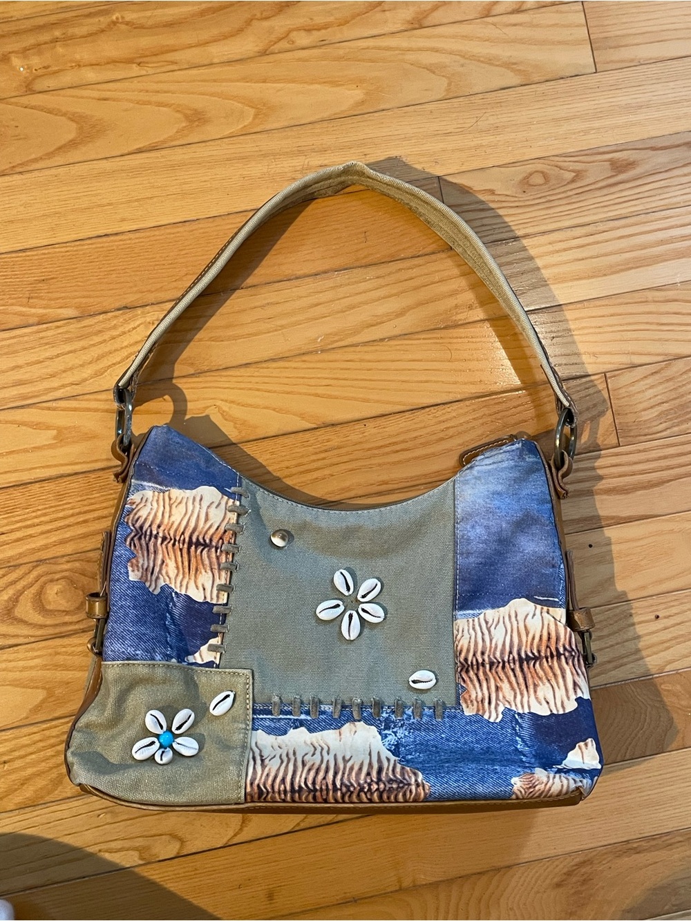 Blue and Olive Patchwork Shoulder Bag with Shell Embellishments